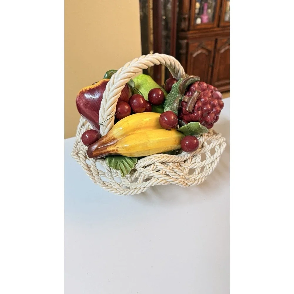 Vintage Italian Style Ceramic Fruit Basket Woven Lattice Centerpiece Decor‎